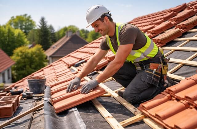 couvreur sur un toit en train de travailler